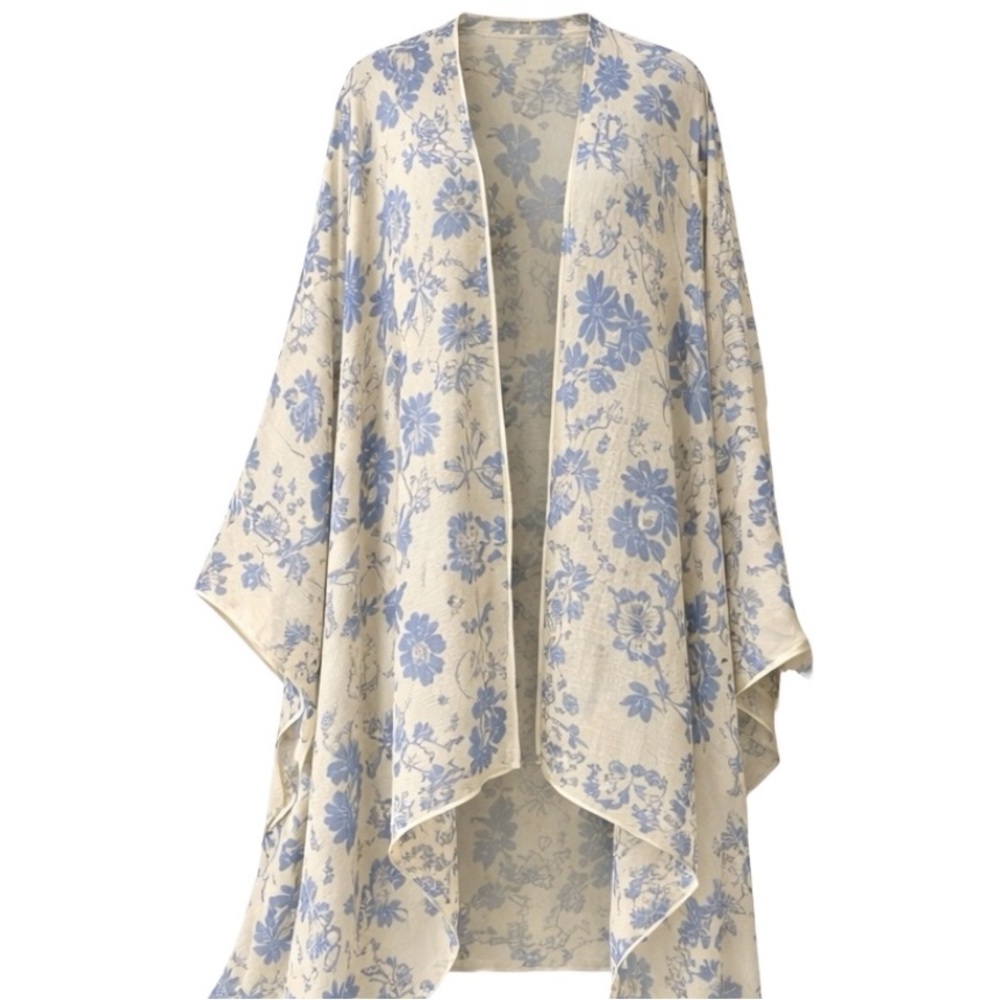 Sonoma Kimono Poncho Floral Blue Cream Lightweight Boho Drape Open Front